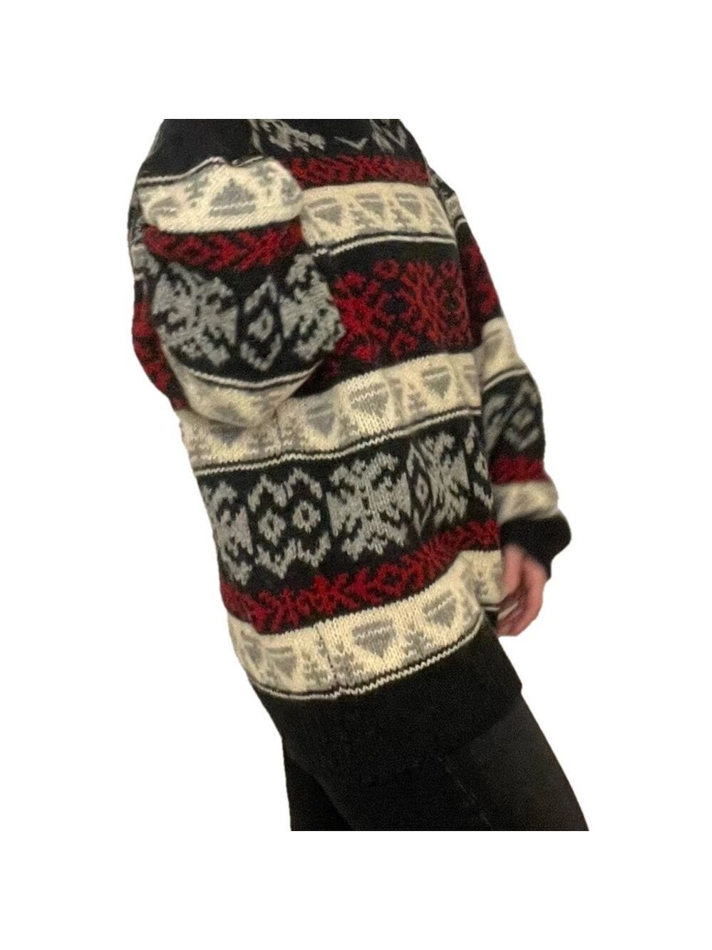 VINTAGE 100% Virgin Wool Pullover Crew Neck Sweater Black Cream Grey Red Unisex - Picture 7 of 11